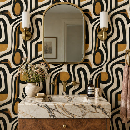 Abstract Line And Ochre Shapes Wallpaper Mid Century Modern
