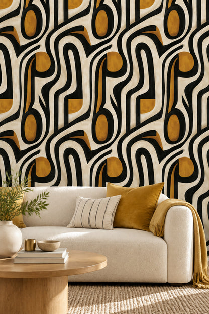 Abstract Line And Ochre Shapes Wallpaper Mid Century Modern