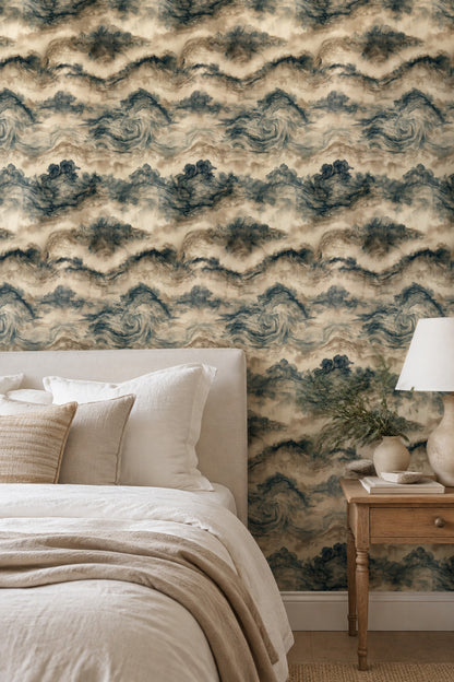 Misty Mountains Wallpaper Ink Wash Beige Blue Gray