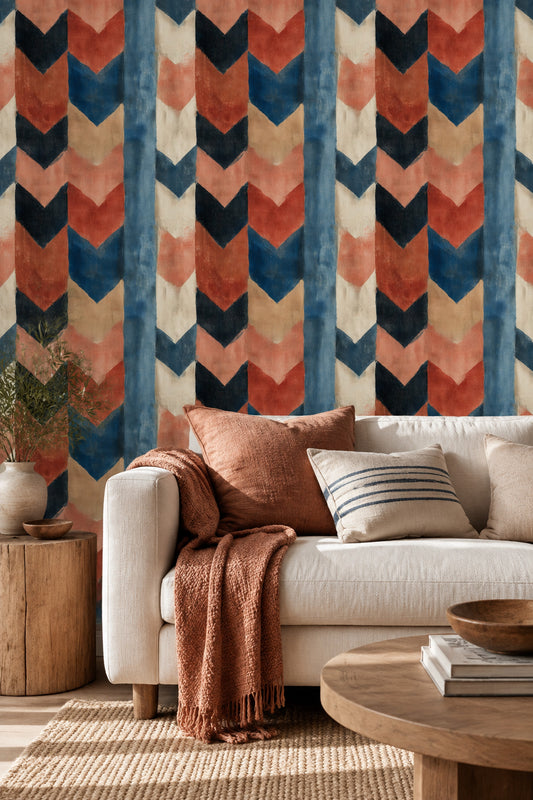 Geometric Chevron Stripe Wallpaper Terracotta Navy Mid Century Modern