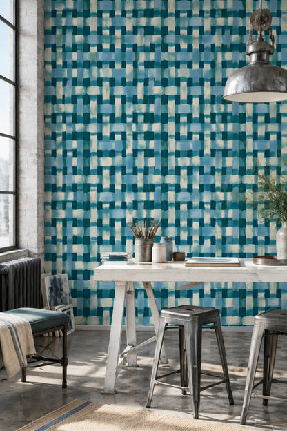 Abstract Grid Wallpaper Dark Teal Blue Brushstrokes