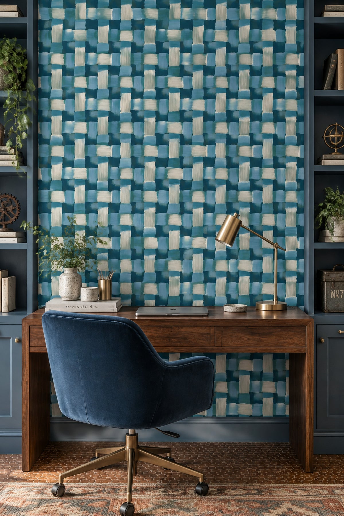 Abstract Grid Wallpaper Dark Teal Blue Brushstrokes
