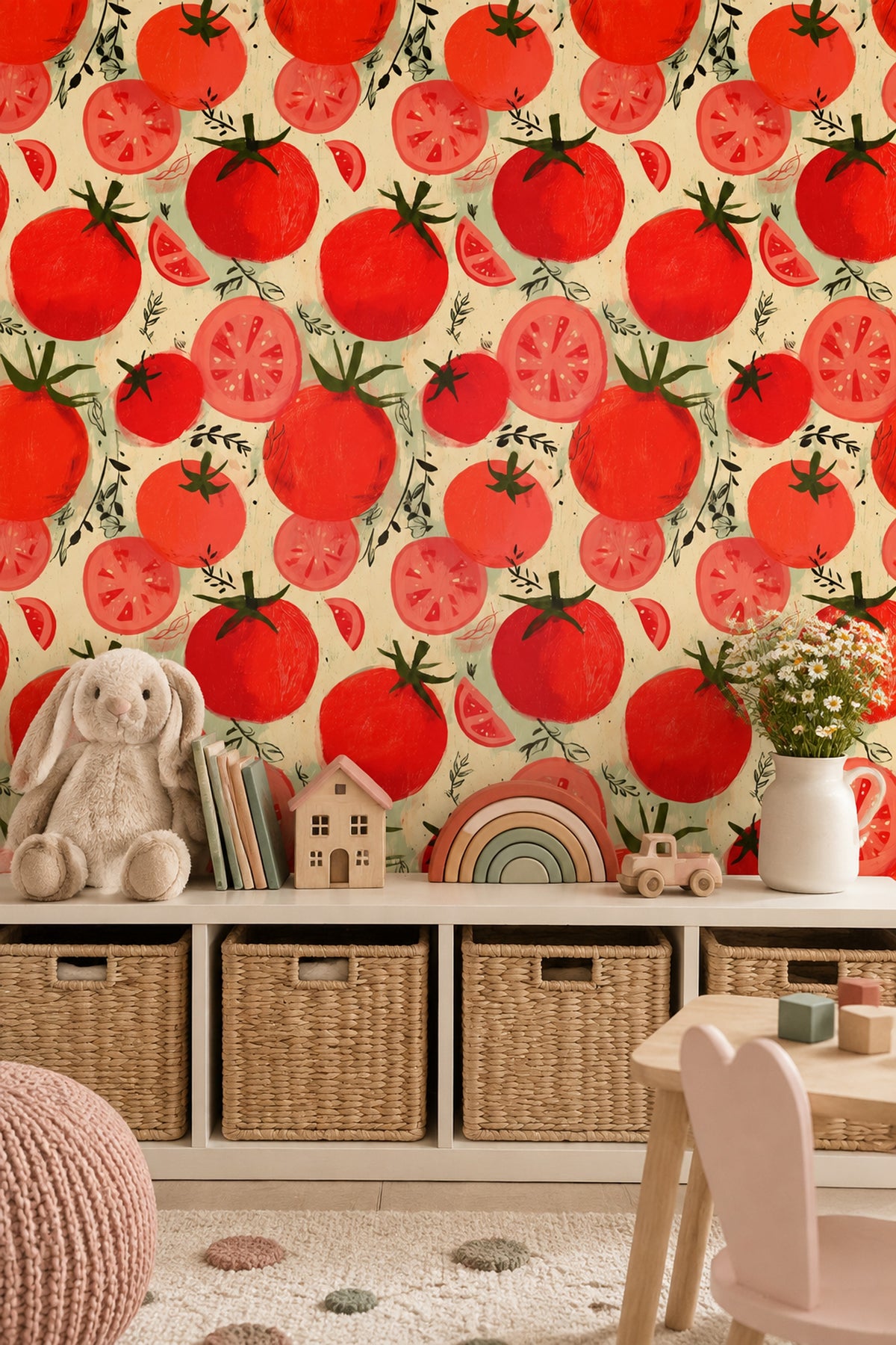 Tomatoes Wallpaper Hand Painted Red Botanical Pattern
