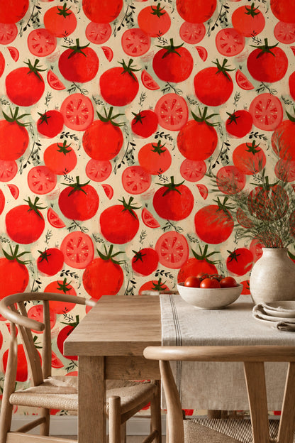 Tomatoes Wallpaper Hand Painted Red Botanical Pattern