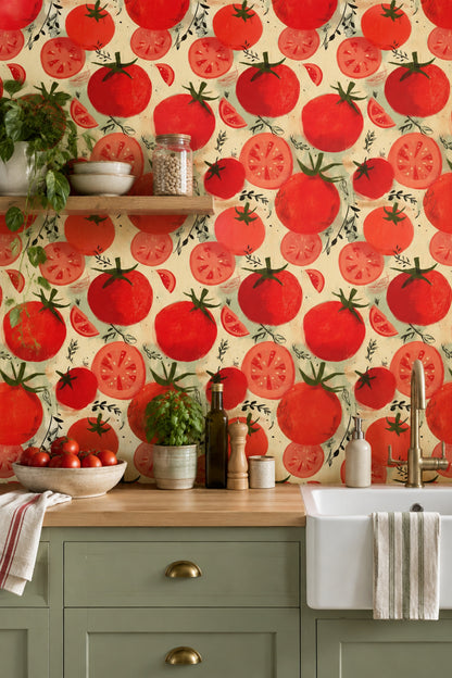 Tomatoes Wallpaper Hand Painted Red Botanical Pattern