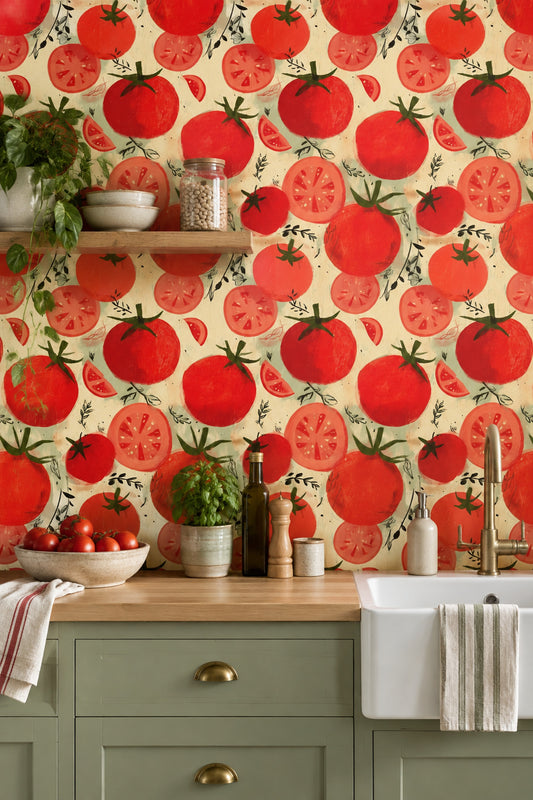 Tomatoes Wallpaper Hand Painted Red Botanical Pattern