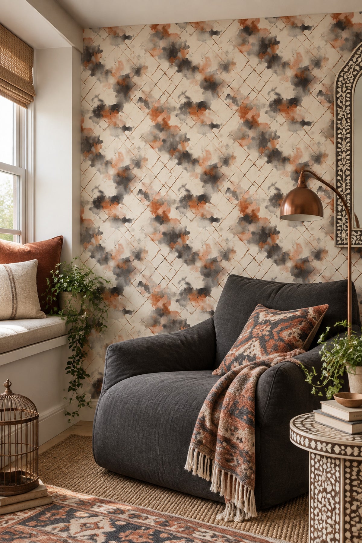 Abstract Trellis Wallpaper Watercolor Diamond Lattice Beige And Burnt Orange