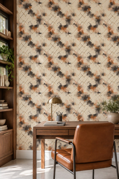 Abstract Trellis Wallpaper Watercolor Diamond Lattice Beige And Burnt Orange