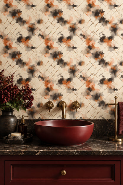 Abstract Trellis Wallpaper Watercolor Diamond Lattice Beige And Burnt Orange