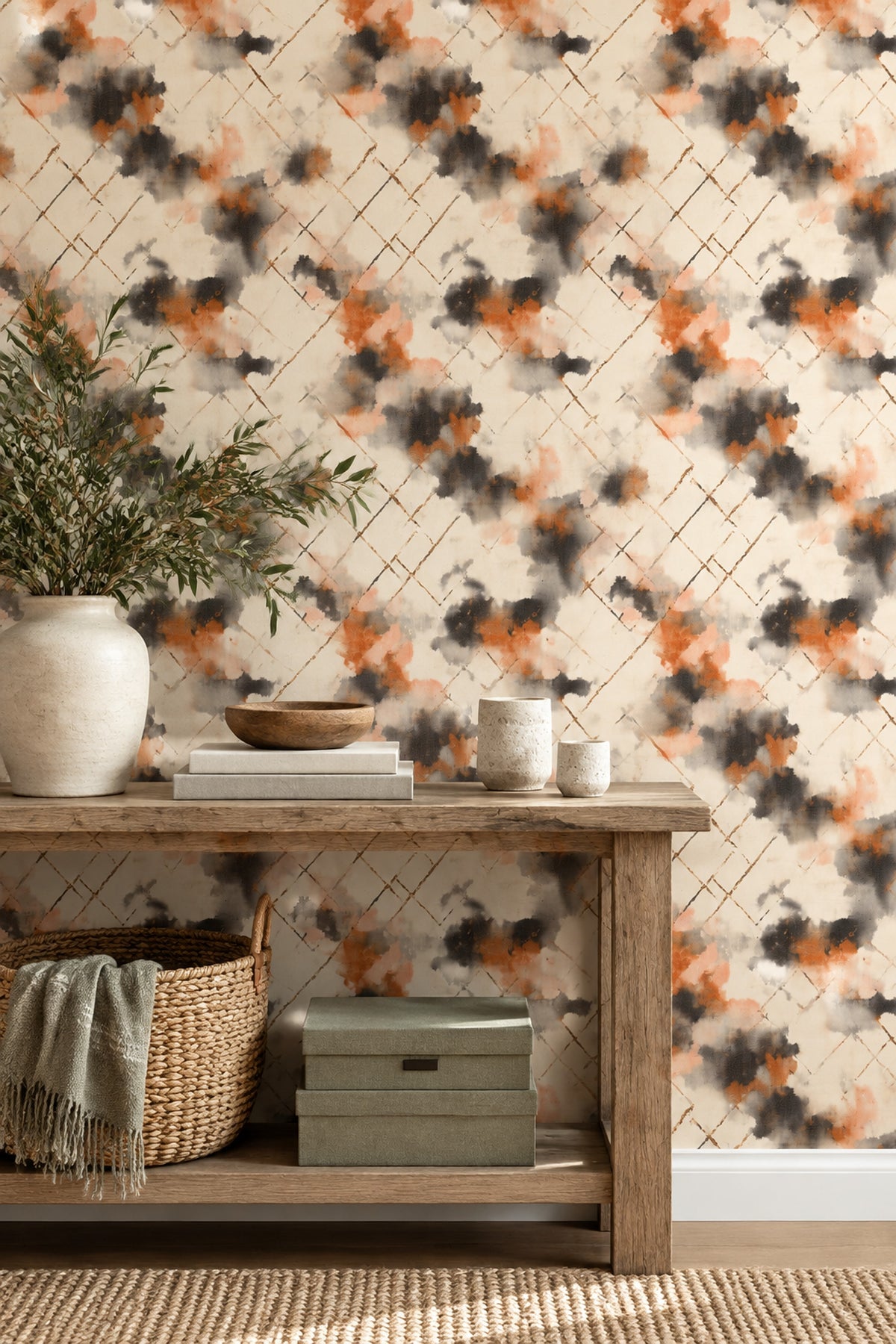 Abstract Trellis Wallpaper Watercolor Diamond Lattice Beige And Burnt Orange