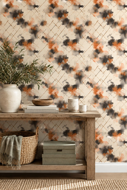 Abstract Trellis Wallpaper Watercolor Diamond Lattice Beige And Burnt Orange