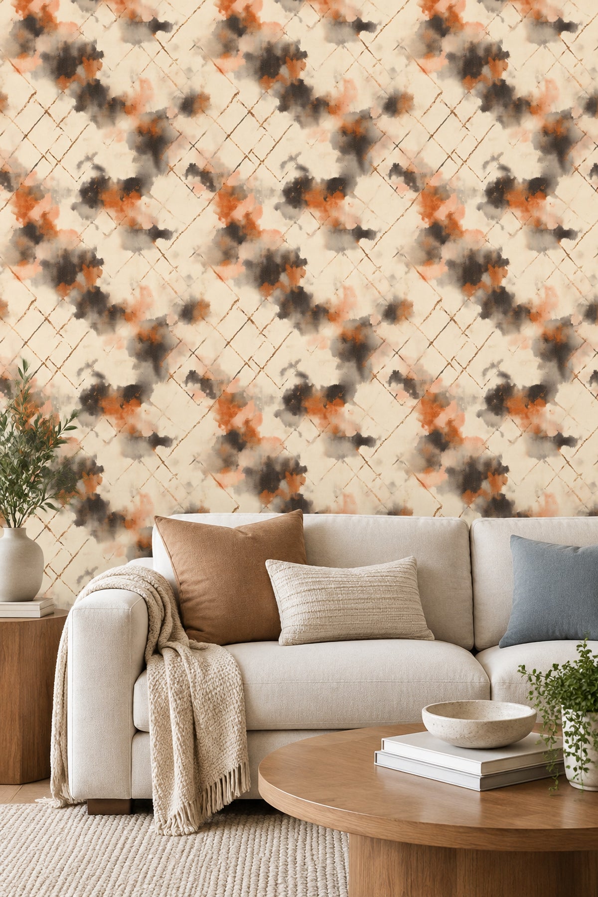 Abstract Trellis Wallpaper Watercolor Diamond Lattice Beige And Burnt Orange