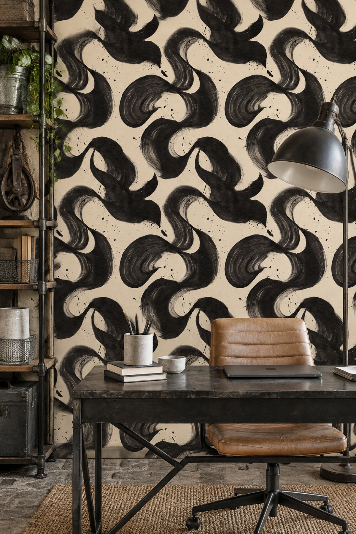 Abstract Brushstroke Wallpaper Black Ink On Cream Background
