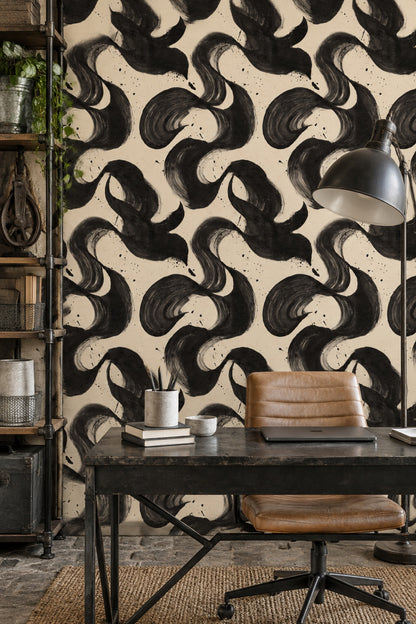 Abstract Brushstroke Wallpaper Black Ink On Cream Background