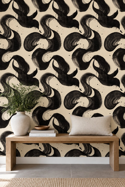 Abstract Brushstroke Wallpaper Black Ink On Cream Background
