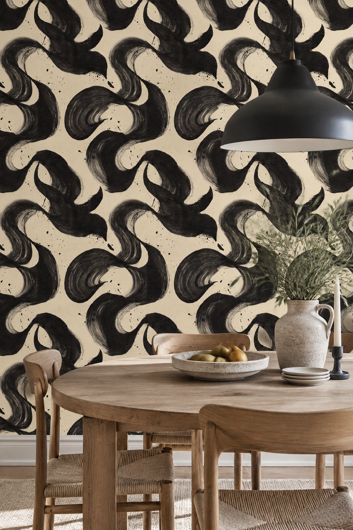 Abstract Brushstroke Wallpaper Black Ink On Cream Background