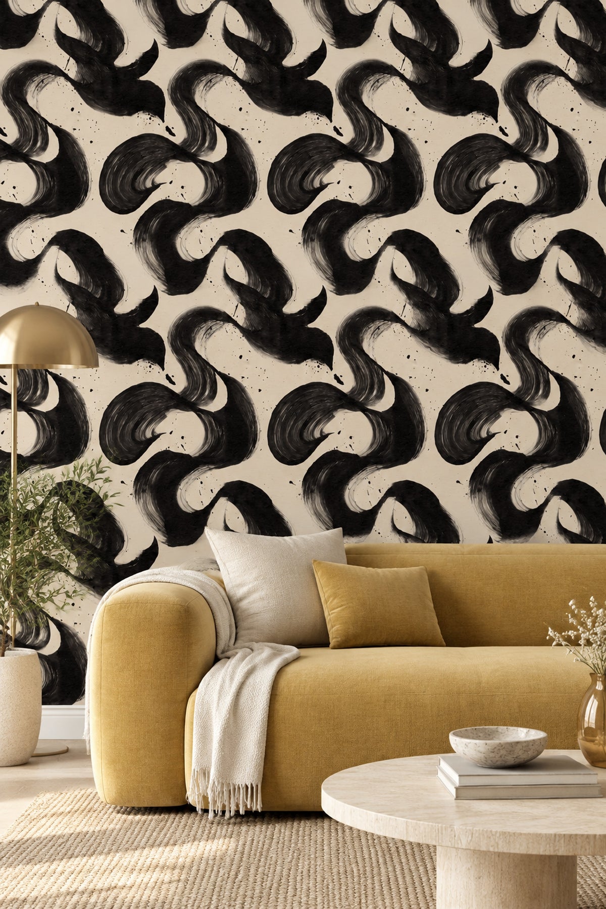 Abstract Brushstroke Wallpaper Black Ink On Cream Background