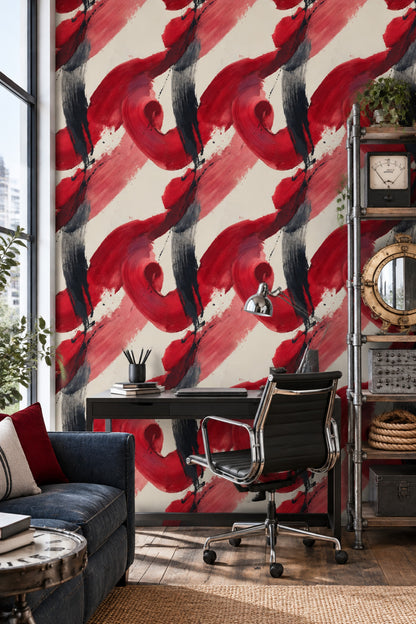 Abstract Brushstrokes Wallpaper Red And Black On Cream Background