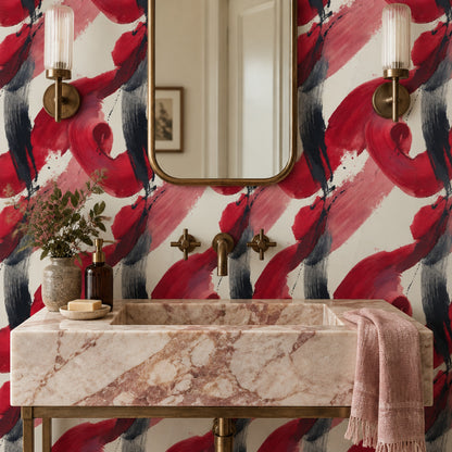 Abstract Brushstrokes Wallpaper Red And Black On Cream Background