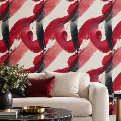 Abstract Brushstrokes Wallpaper Red And Black On Cream Background