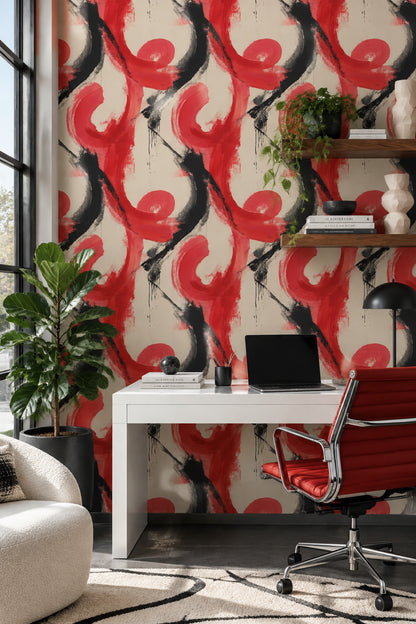 Abstract Brushstroke Wallpaper Red Black On Cream Background