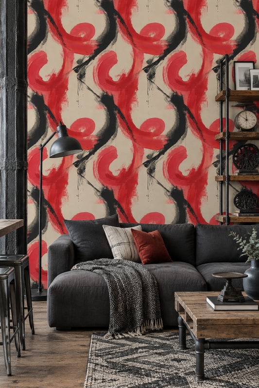 Abstract Brushstroke Wallpaper Red Black On Cream Background