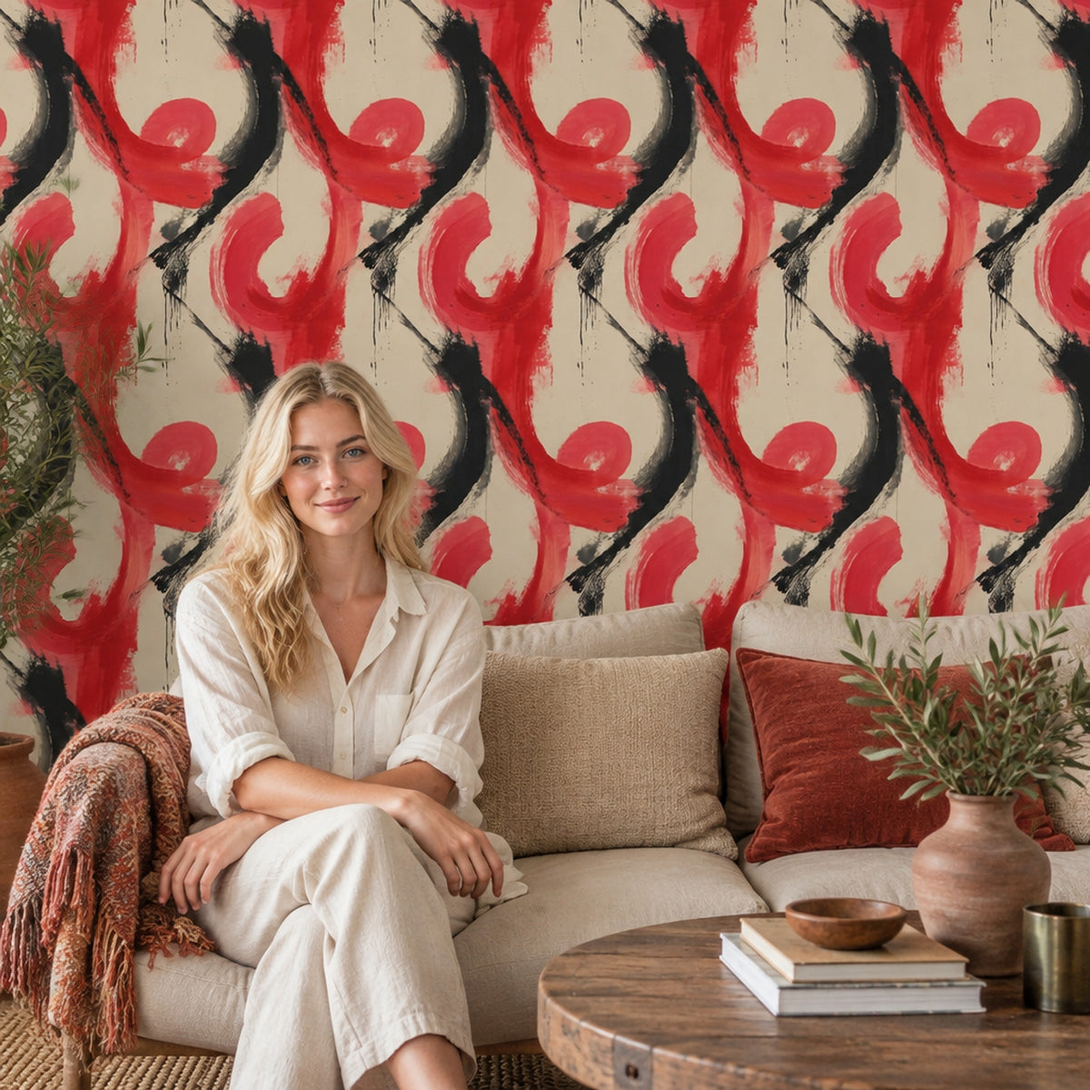 Abstract Brushstroke Wallpaper Red Black On Cream Background