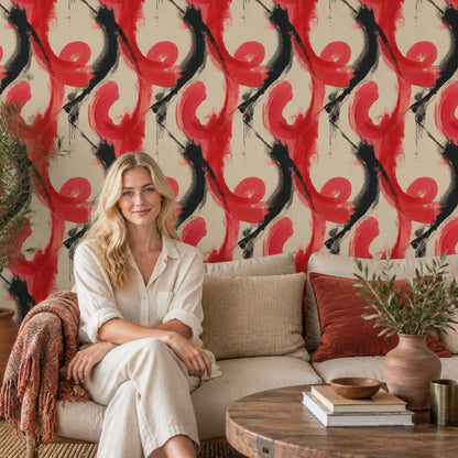 Abstract Brushstroke Wallpaper Red Black On Cream Background