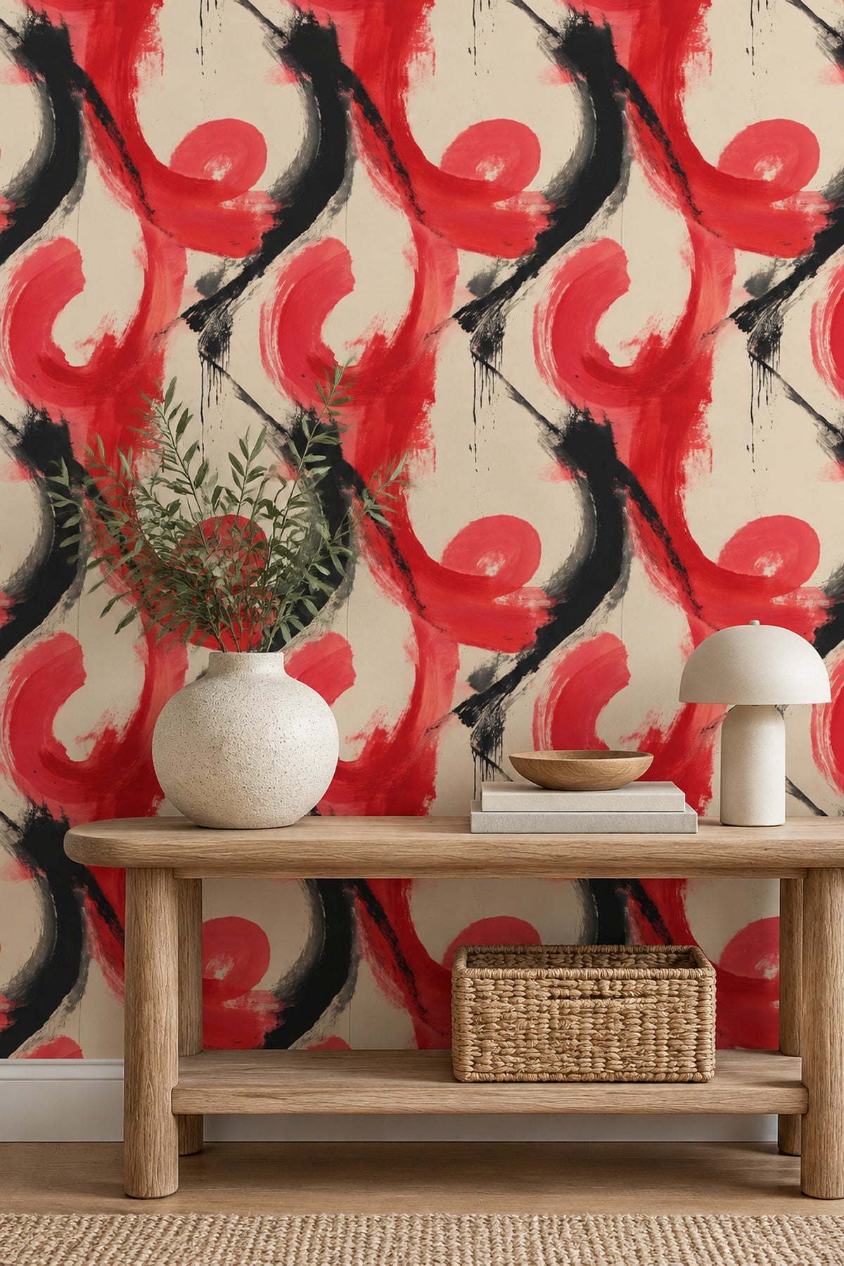 Abstract Brushstroke Wallpaper Red Black On Cream Background