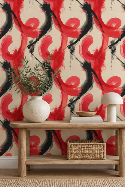 Abstract Brushstroke Wallpaper Red Black On Cream Background