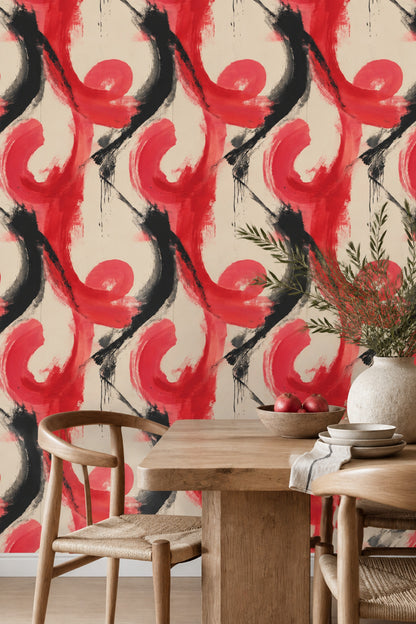 Abstract Brushstroke Wallpaper Red Black On Cream Background