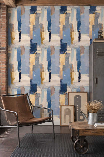 Abstract Blocks Wallpaper Textured Blue With Cream Accents