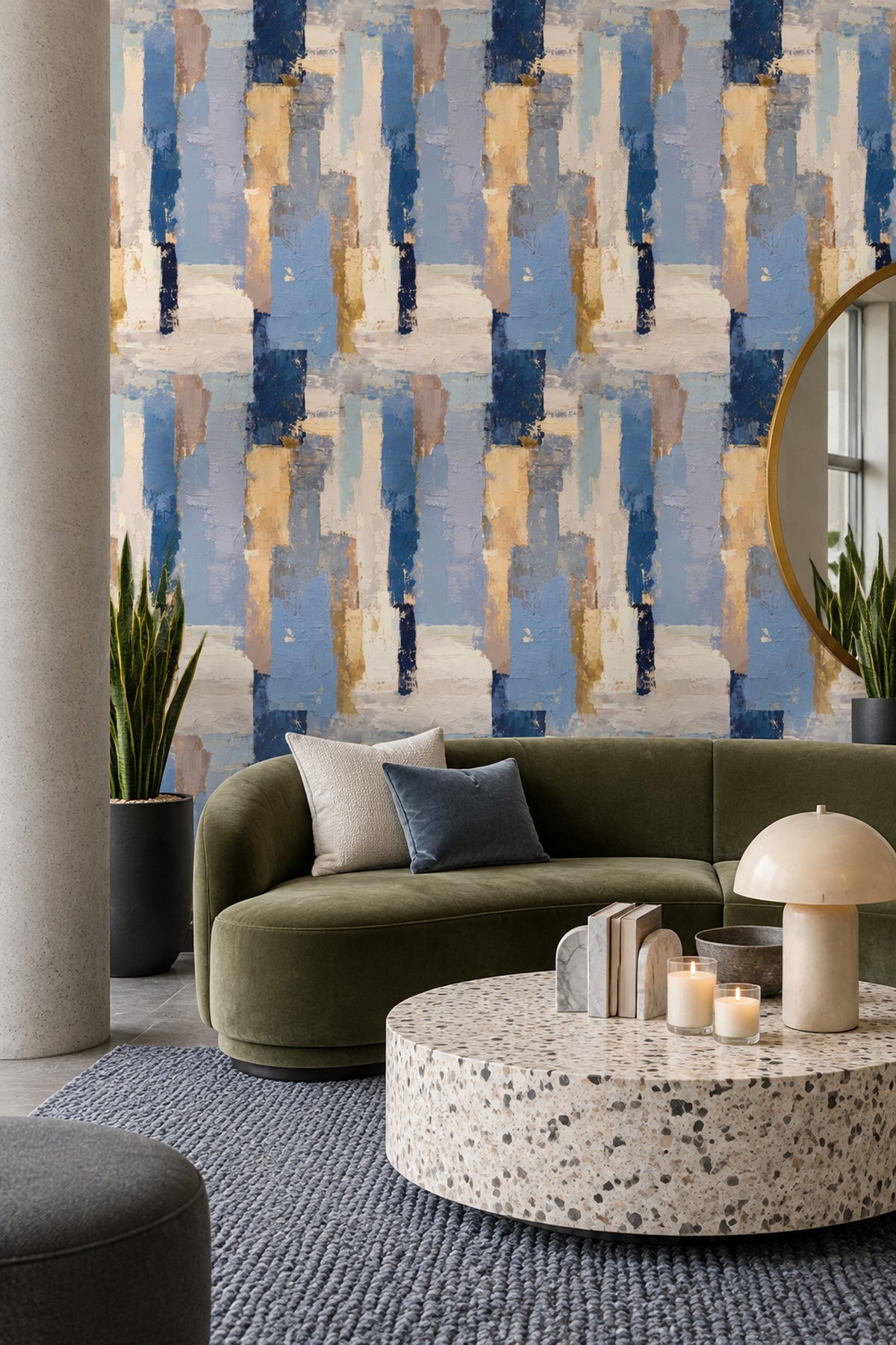 Abstract Blocks Wallpaper Textured Blue With Cream Accents
