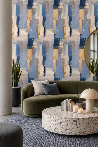Abstract Blocks Wallpaper Textured Blue With Cream Accents