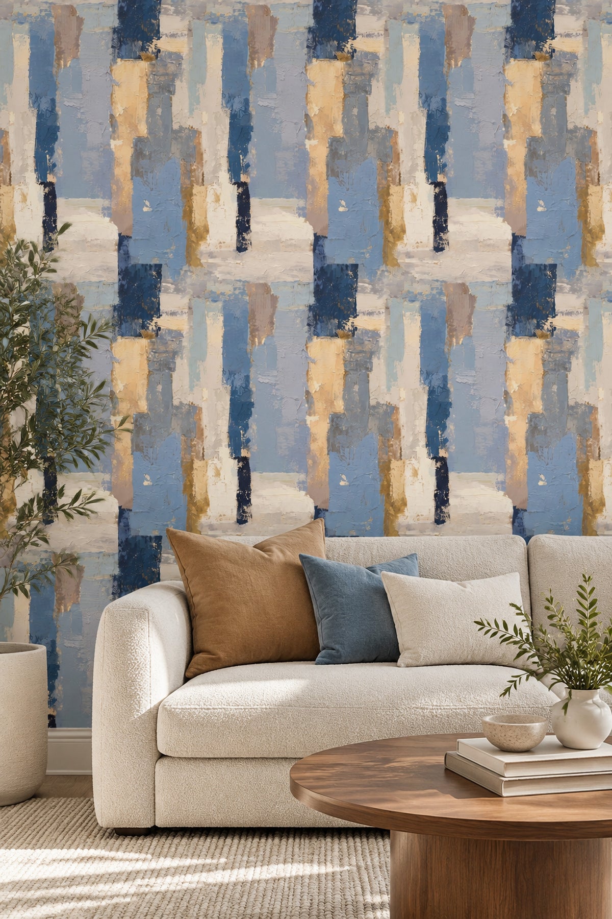 Abstract Blocks Wallpaper Textured Blue With Cream Accents