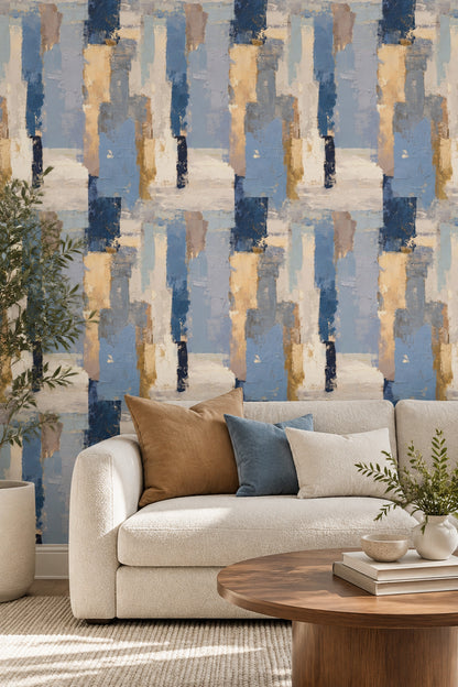 Abstract Blocks Wallpaper Textured Blue With Cream Accents
