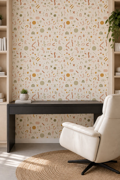 Abstract Doodle Shapes Wallpaper Earth Tone Cream Background