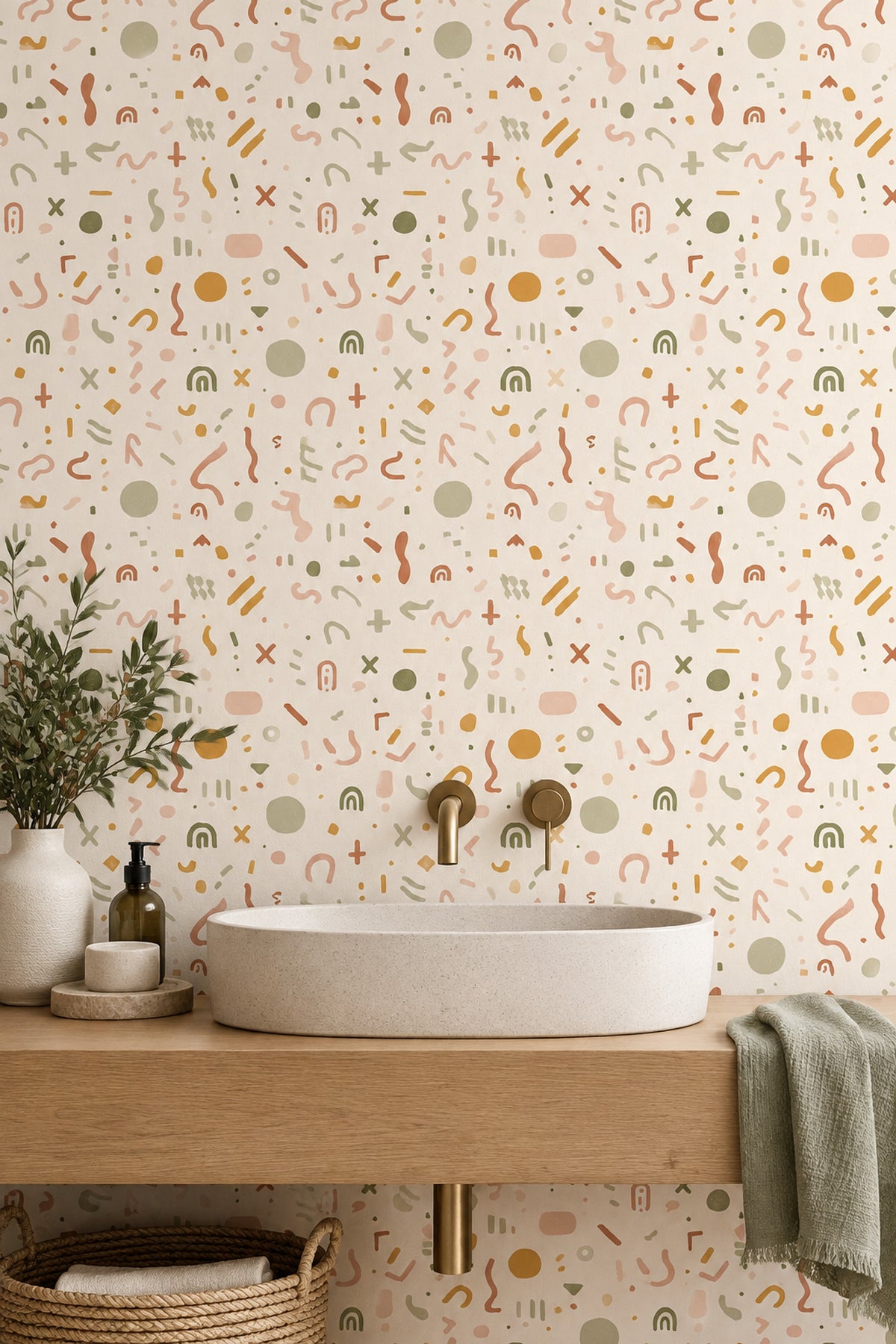 Abstract Doodle Shapes Wallpaper Earth Tone Cream Background