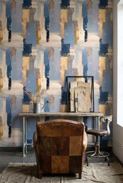 Abstract Blocks Wallpaper Textured Blue With Cream Accents