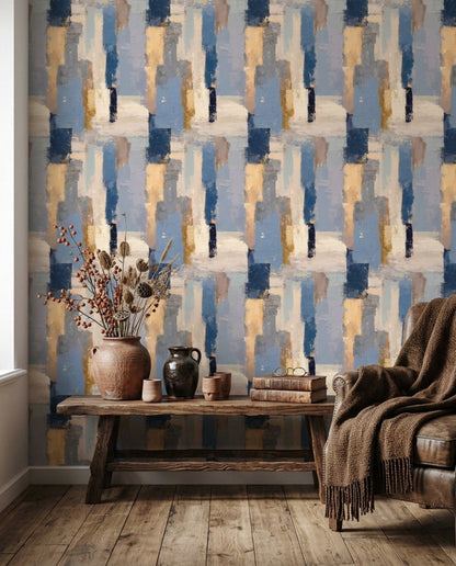 Abstract Blocks Wallpaper Textured Blue With Cream Accents