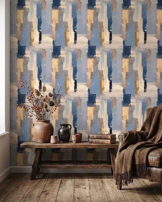 Abstract Blocks Wallpaper Textured Blue With Cream Accents