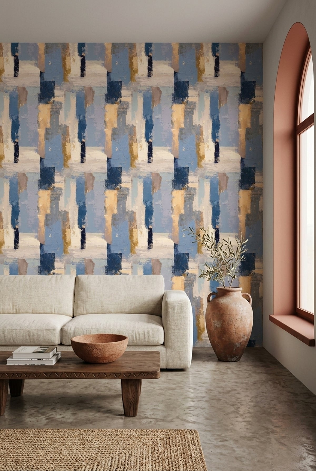 Abstract Blocks Wallpaper Textured Blue With Cream Accents