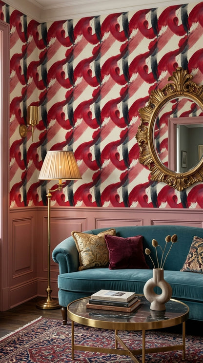 Abstract Brushstrokes Wallpaper Red And Black On Cream Background