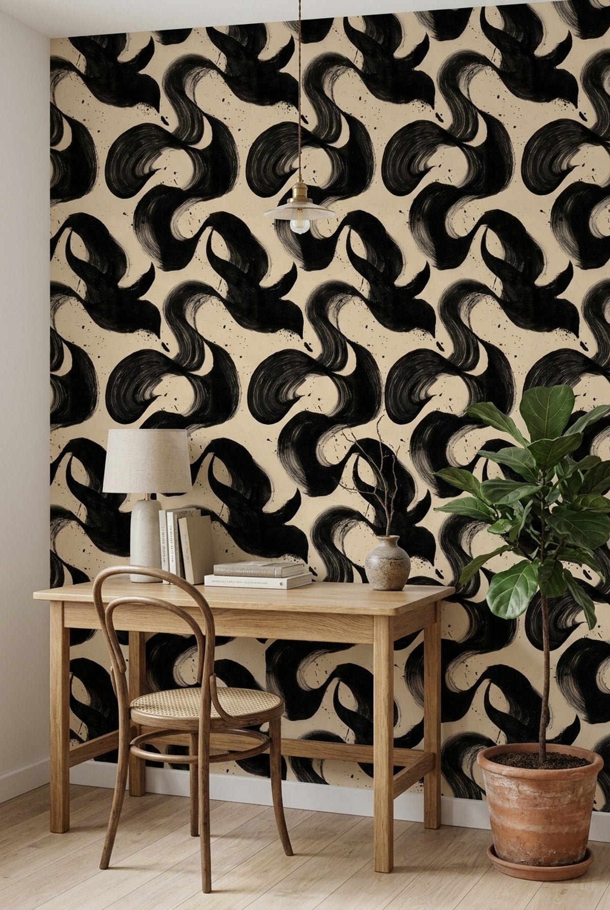 Abstract Brushstroke Wallpaper Black Ink On Cream Background