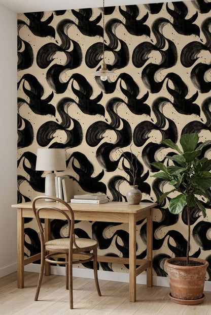 Abstract Brushstroke Wallpaper Black Ink On Cream Background