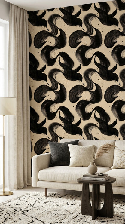 Abstract Brushstroke Wallpaper Black Ink On Cream Background