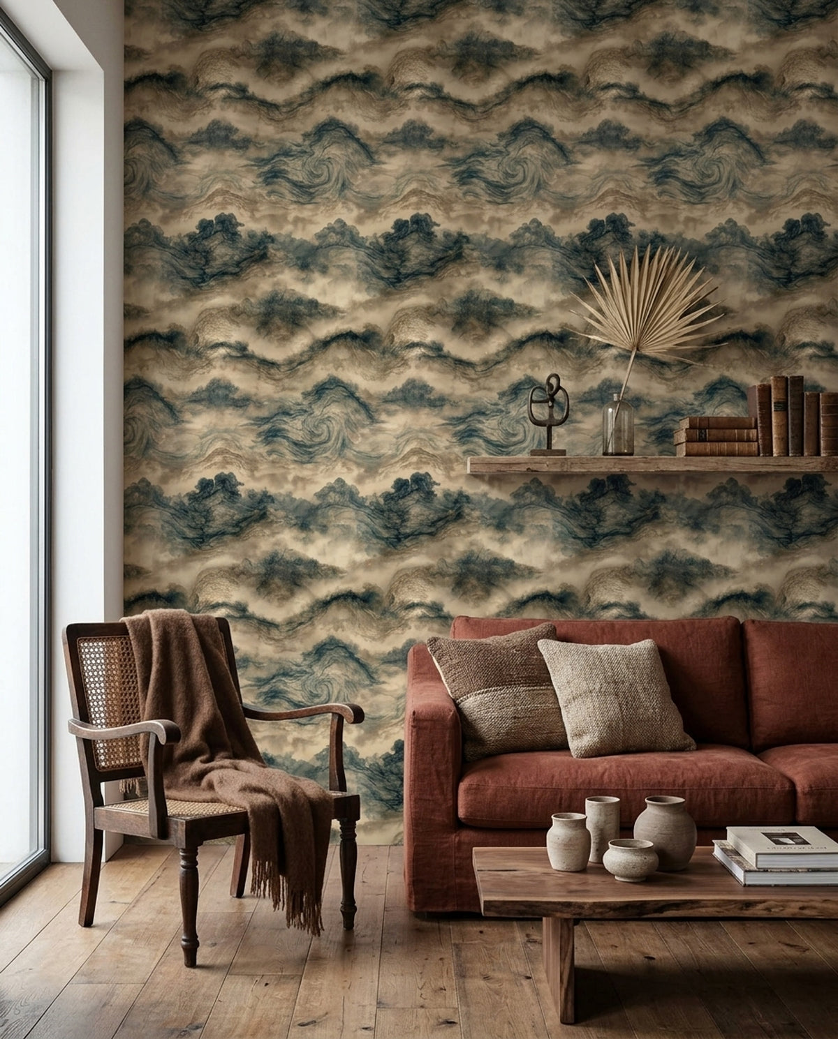 Misty Mountains Wallpaper Ink Wash Beige Blue Gray