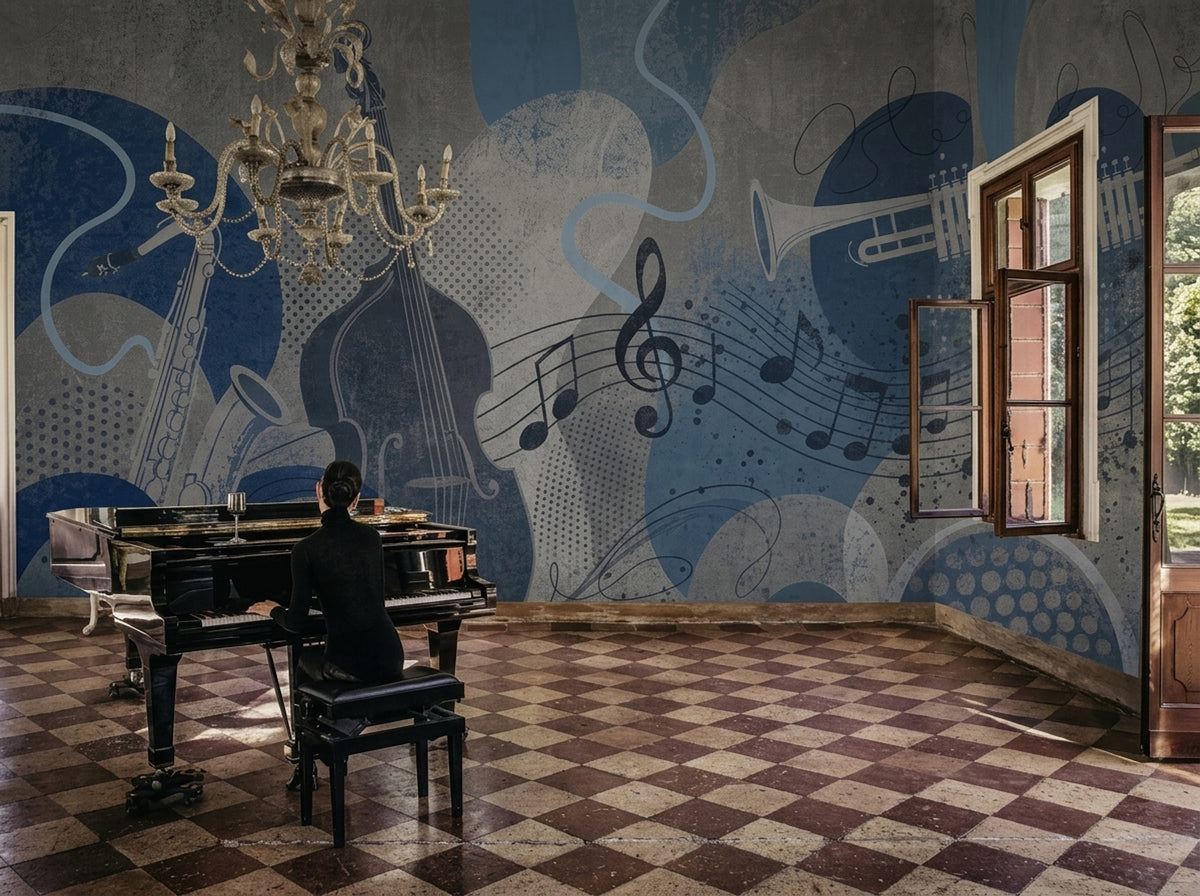 Jazz Instruments Wallpaper Blue Grunge Wall Mural