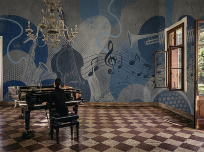 Jazz Instruments Wallpaper Blue Grunge Wall Mural