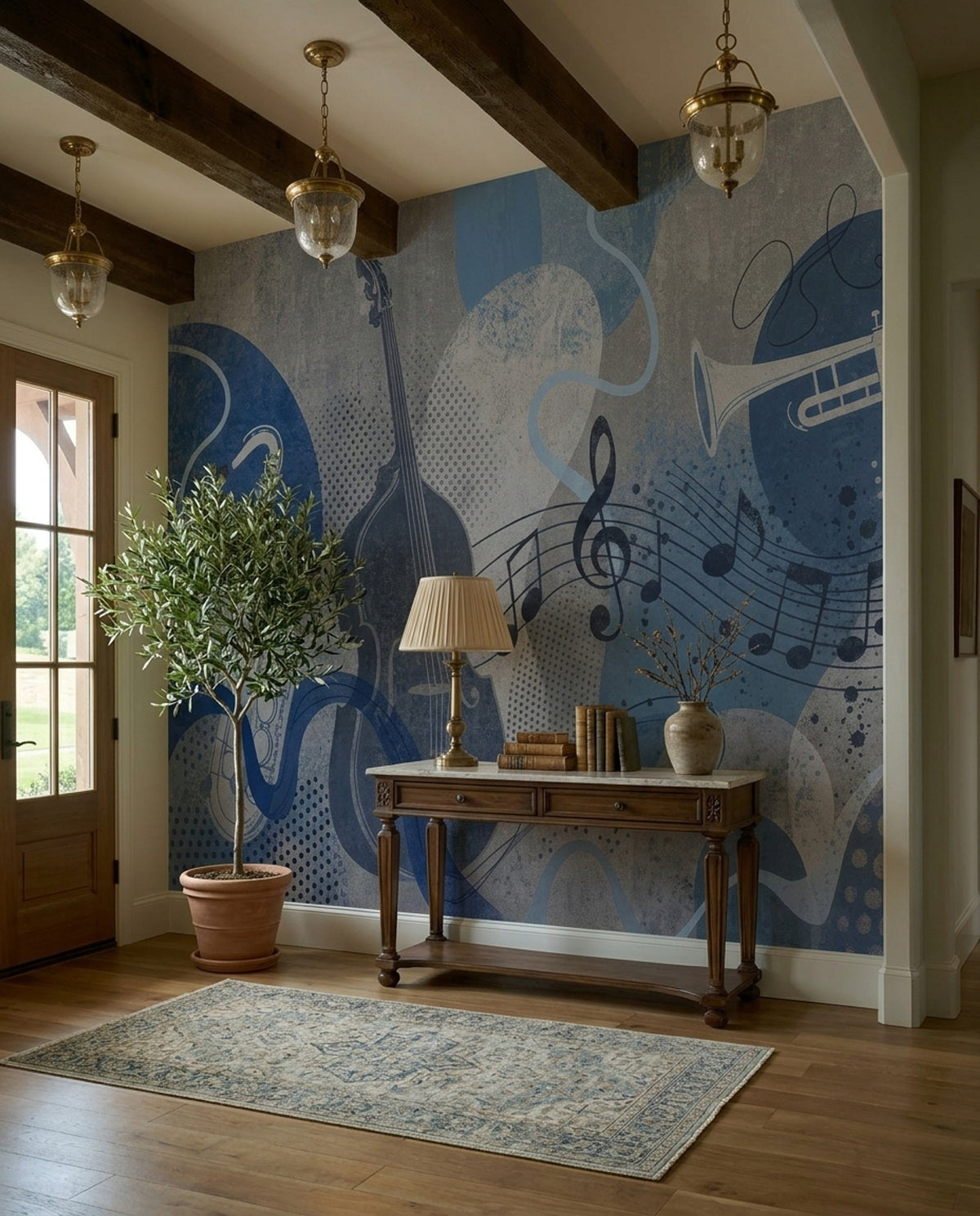 Jazz Instruments Wallpaper Blue Grunge Wall Mural
